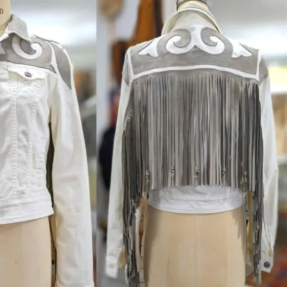 Leather & Denim Fringe Jacket - Picture 4 of 12